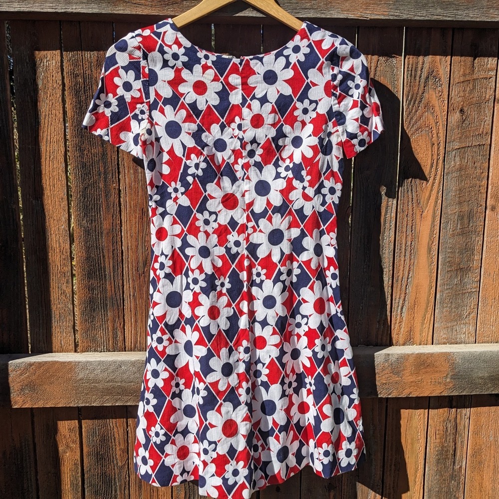 Vintage 60s Mod Floral Mini Dress Women's XS Red White Blue Daisy Flower Power
